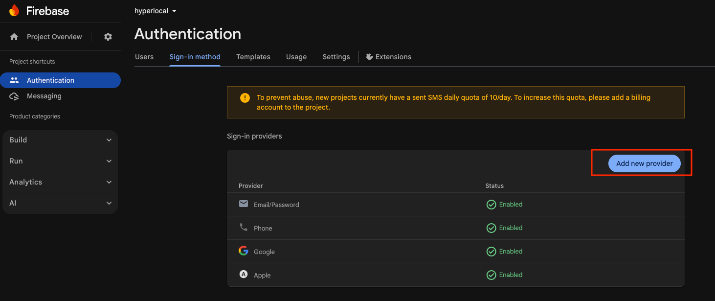 Enabled sign-in providers