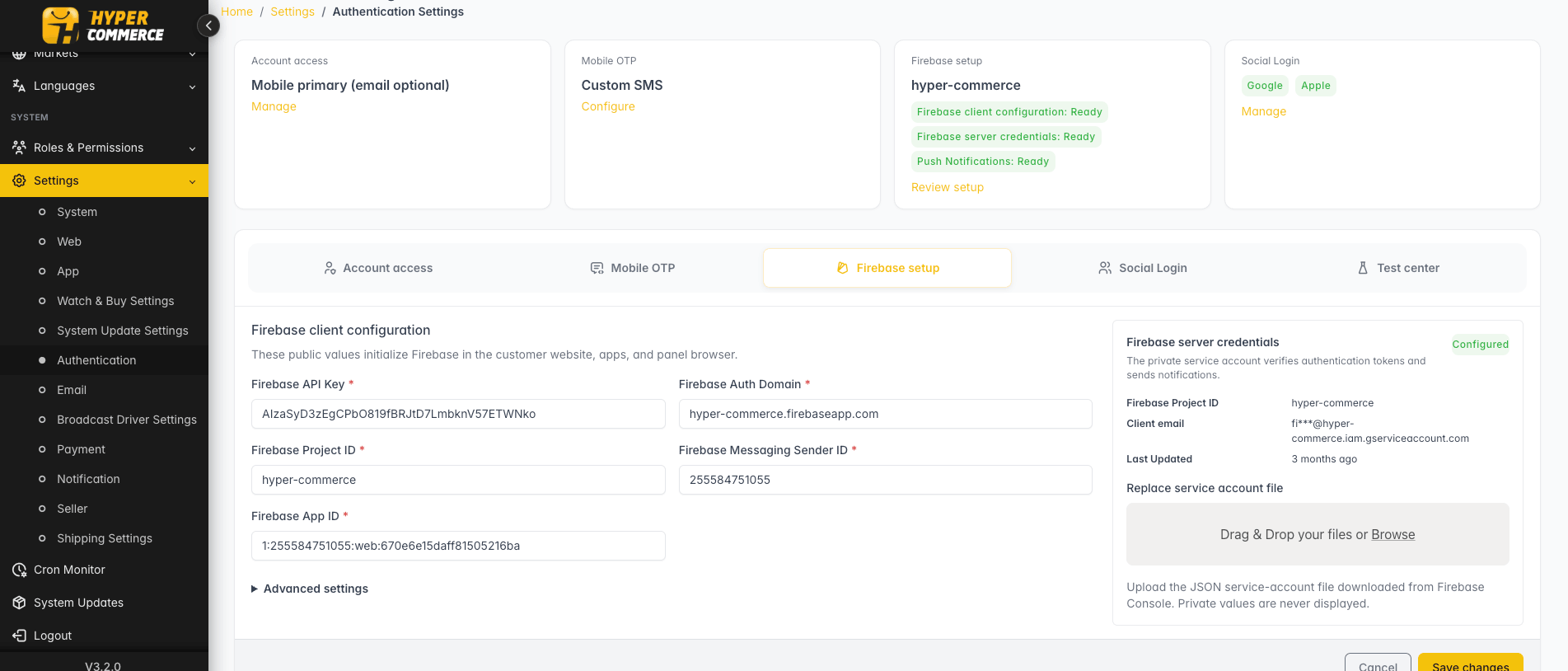 Admin Panel — Settings → Authentication → Firebase