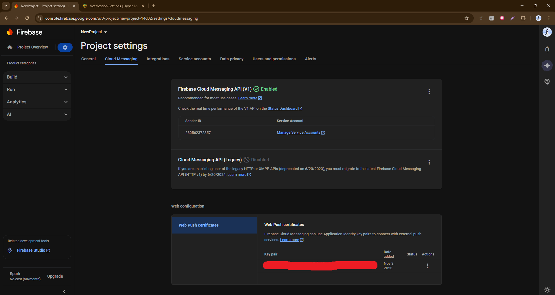 Cloud Messaging — Web Push certificates