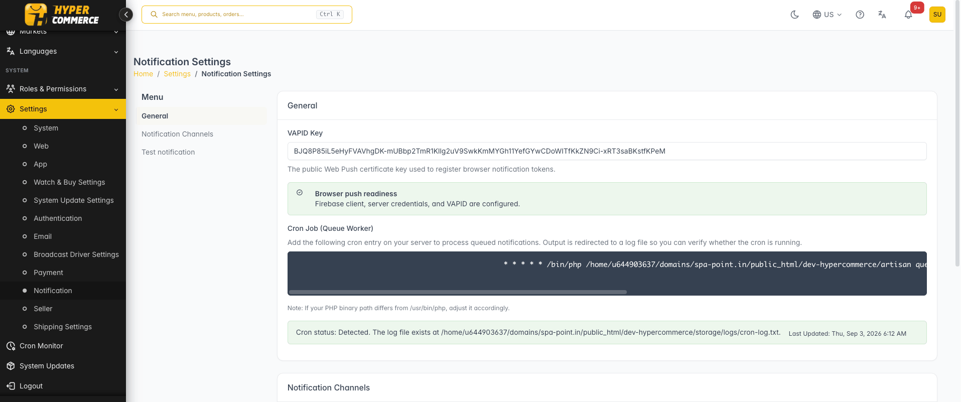 Admin Panel — Settings → Notifications